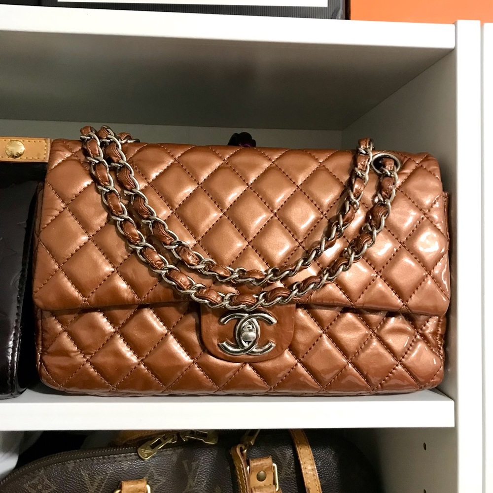 Chanel Classic Quilted Patent Leather Shoulder Bag in Bronze